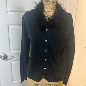 August Silk Black cardigan sweater with Feather Collar